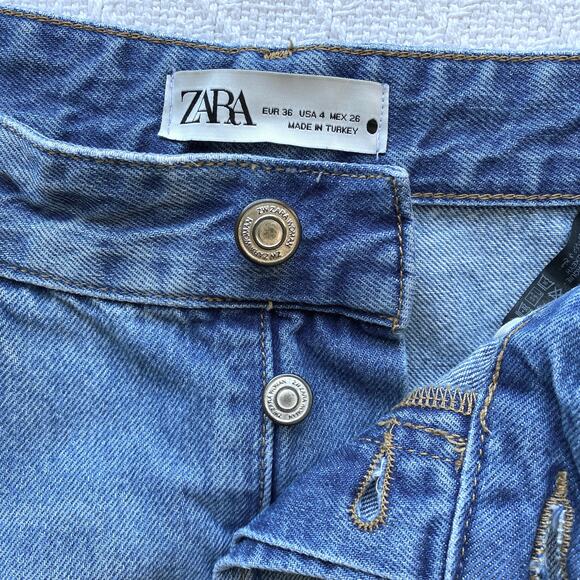 Zara Wide Leg Jeans Baggy High Rise Medium Light Wash 100% Cotton Denim Womens 4 - Picture 4 of 8